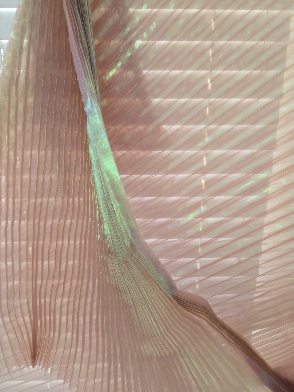 Iridescent Pleated Acordian Sheer Fabric - Blush Pink with Green Shimmer